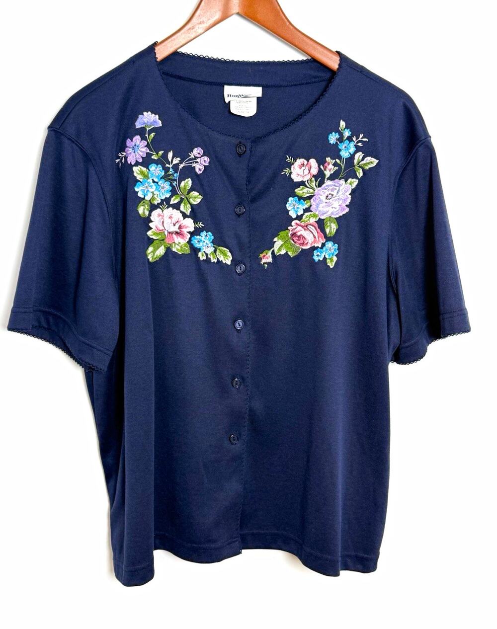 BonWorth Womens Petite XL Navy Knit Floral Embroidered Button Front SS Top